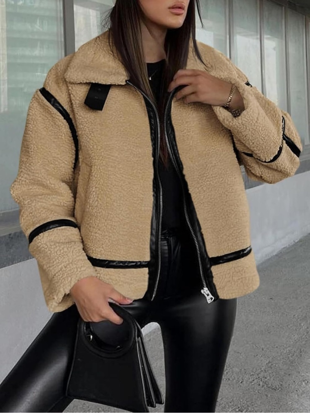 Tankaneo Teddy Sherpa Moto Jacket with Black Faux Leather Trim